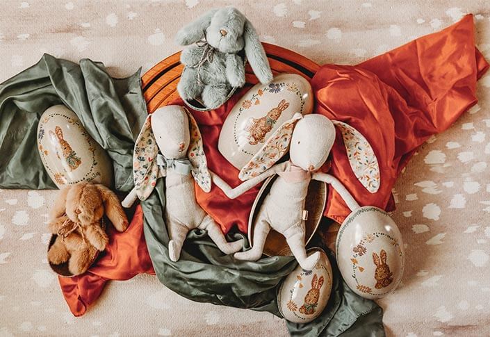 Maileg Bunnies and Maileg Rabbits with Sarah's Silks