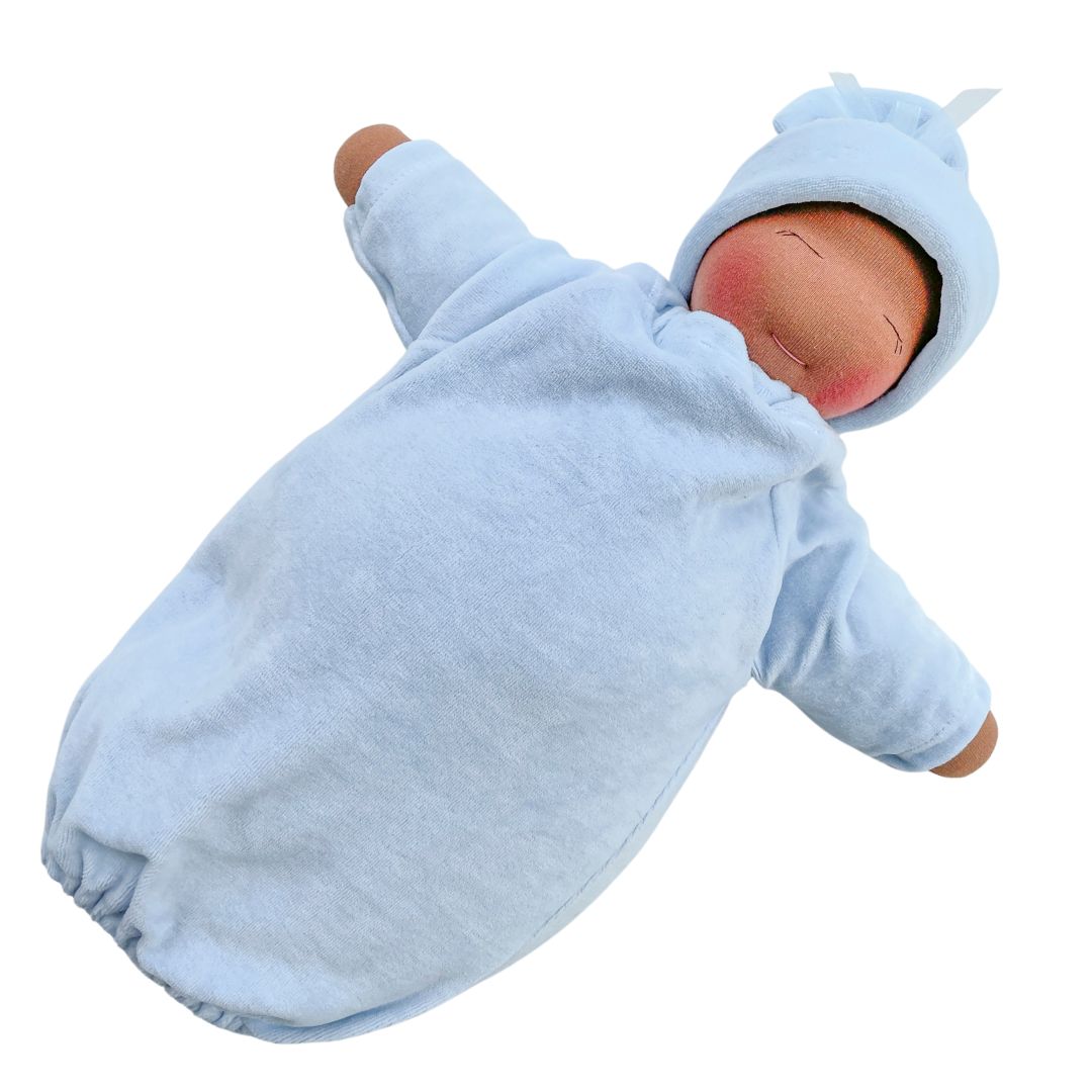 Heavy Baby Weighted Waldorf Doll - Blue Bunting with Dark Skin Tone- Bella Luna Toys