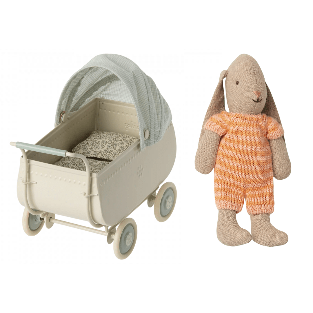 Maileg Blue Pram Carriage with Micro Bunny - Stuffed Animals -Bella Luna Toys